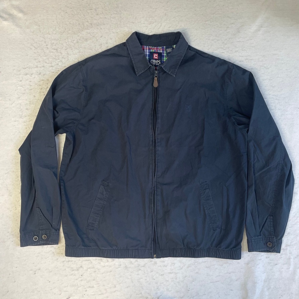 Chaps Harrington Jacket Mens L Navy Blue Full Zip Plaid Lined Cotton